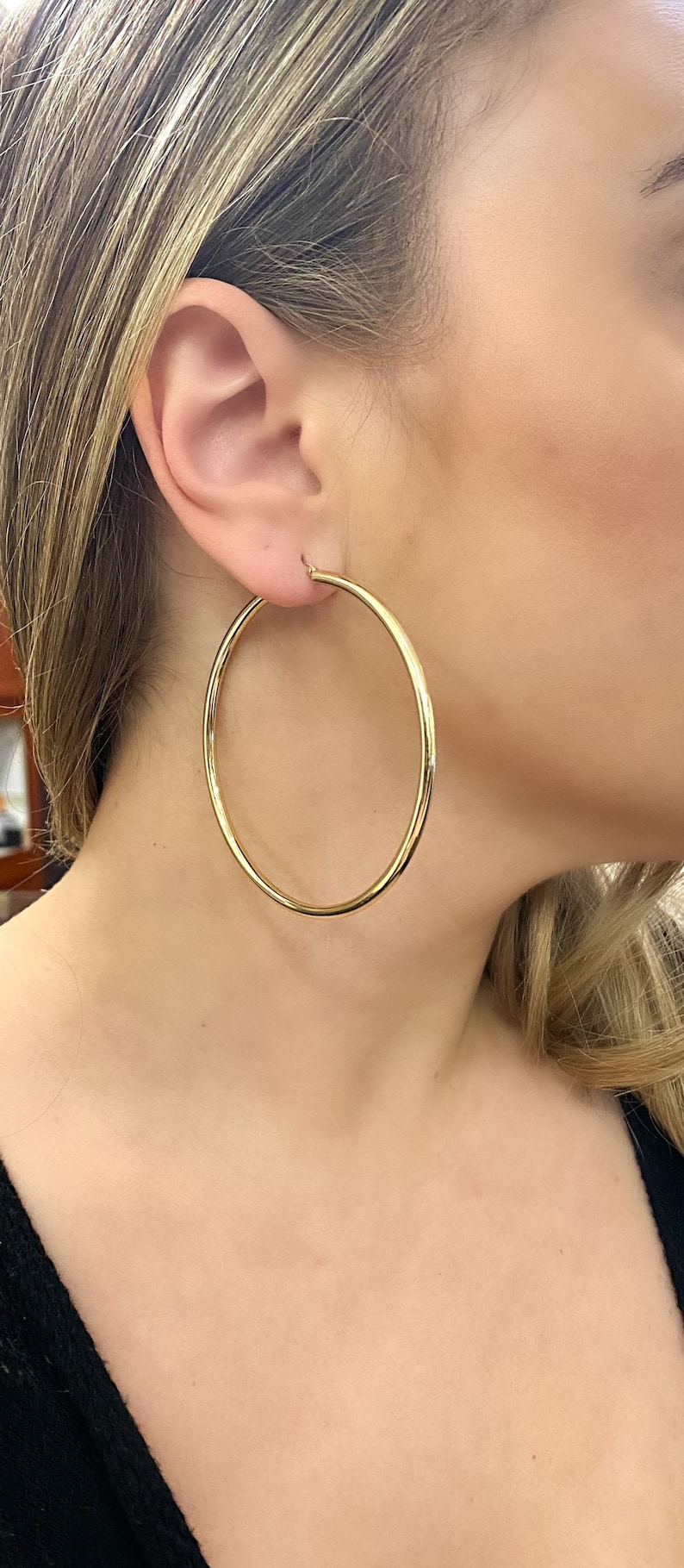 14k 3 Inch Hoop Earrings. 3mm Real Gold Hoops. Timeless Large Gold ...