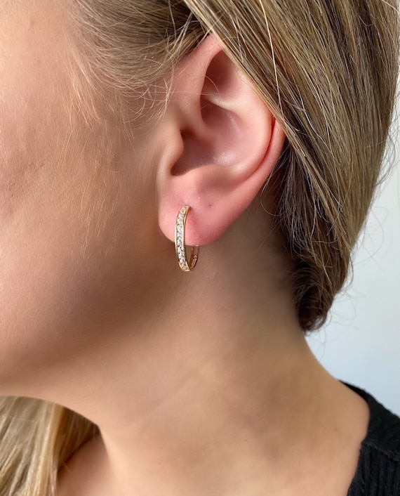 14k Channel Set Round Crystal Hoop Earrings. 1 2 an Inch Classic Channel Set Gold Hoop Earrings. Perfect Jewelry Gift. Etsy UK
