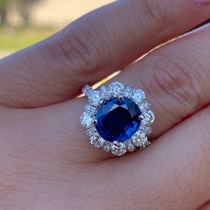 Genuine blue sapphire halo diamond ring. Sapphire engagement ring. Statement ring. Anniversary gift.
