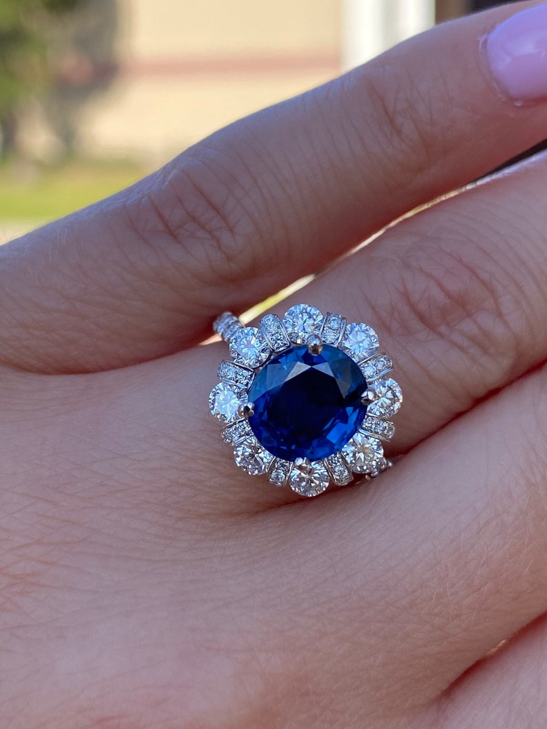 Genuine blue sapphire halo diamond ring. Sapphire engagement ring. Statement ring. Anniversary gift. image 1
