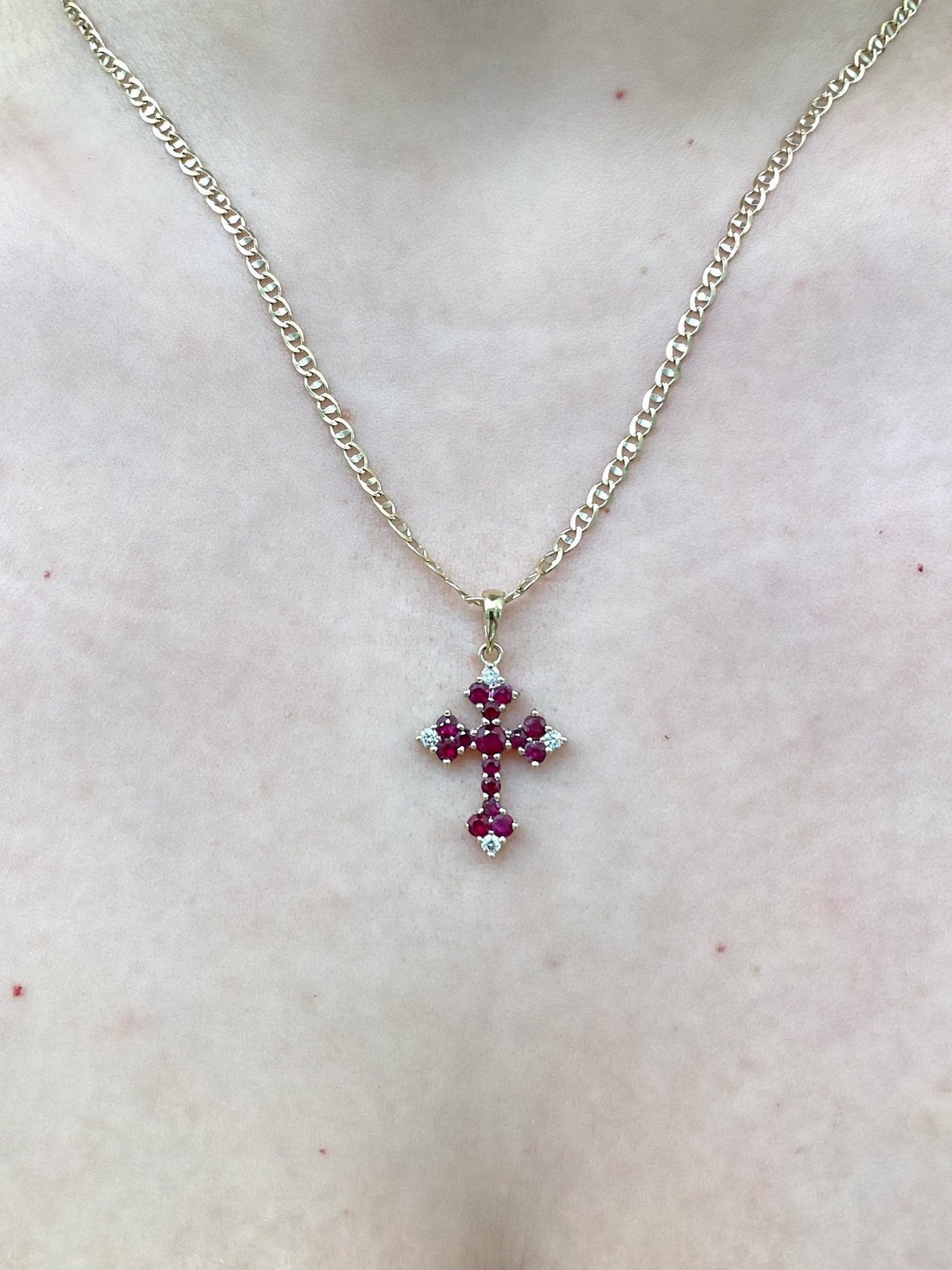 14k Genuine Ruby Cross Pendant. Real Diamond Cut Red Ruby Diamond Cross ...