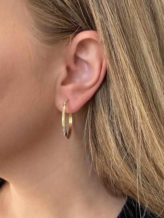 14k Tri color Gold Hoop Earrings. Yellow Rose White Gold Heart