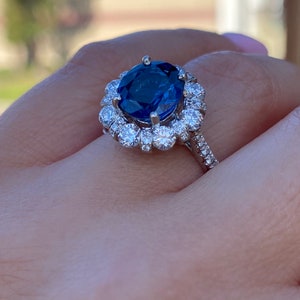 Genuine blue sapphire halo diamond ring. Sapphire engagement ring. Statement ring. Anniversary gift. image 5
