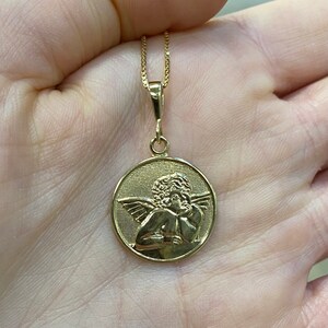 14K Angel Medallion. Real Gold Guardian Angel Pendant. Protection Pendant. Baptism Gift. Layering Jewelry.