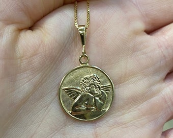 14K Angel Medallion. Real Gold Guardian Angel Pendant. Protection Pendant. Baptism Gift. Layering Jewelry.