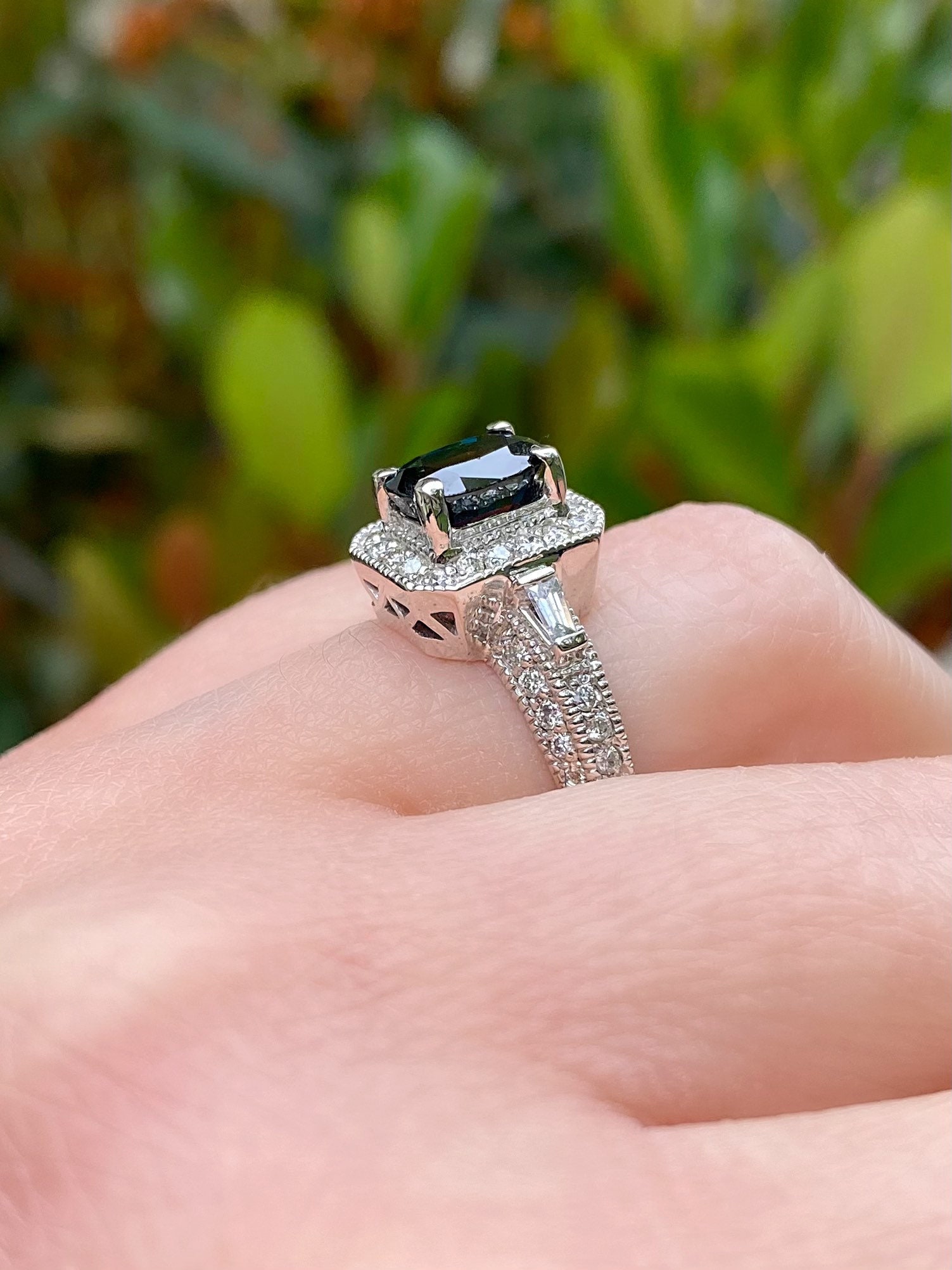 Oval Sapphire Vintage Diamond Ring. 14k White Gold Art Deco