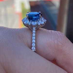 Genuine blue sapphire halo diamond ring. Sapphire engagement ring. Statement ring. Anniversary gift. image 7
