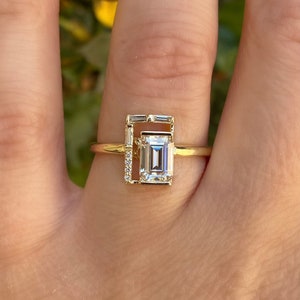 Emerald cut Moissanite baguette diamond ring. Statement ring. Engagement ring.