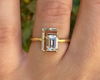 Emerald cut Moissanite baguette diamond ring. Statement ring. Engagement ring.