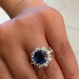 Genuine blue sapphire halo diamond ring. Sapphire engagement ring. Statement ring. Anniversary gift. image 6