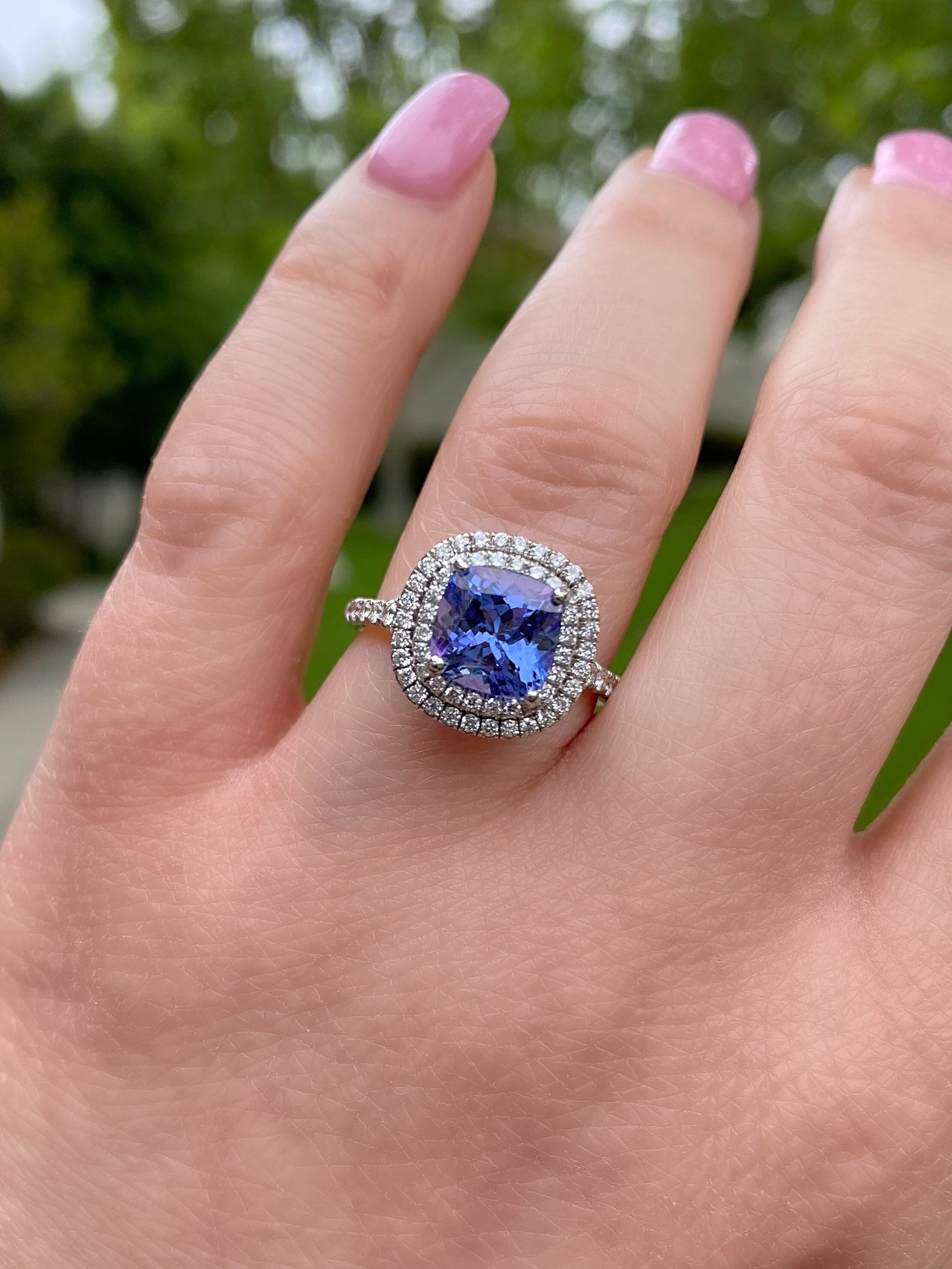 Cushion Cut Tanzanite Double Halo Ring. Colorstone Engagement Rings. Statement Ring