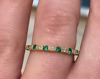 Art Deco Emerald Green and Diamond Band. Emerald diamond stackable ring. Wedding band. Anniversary gift.