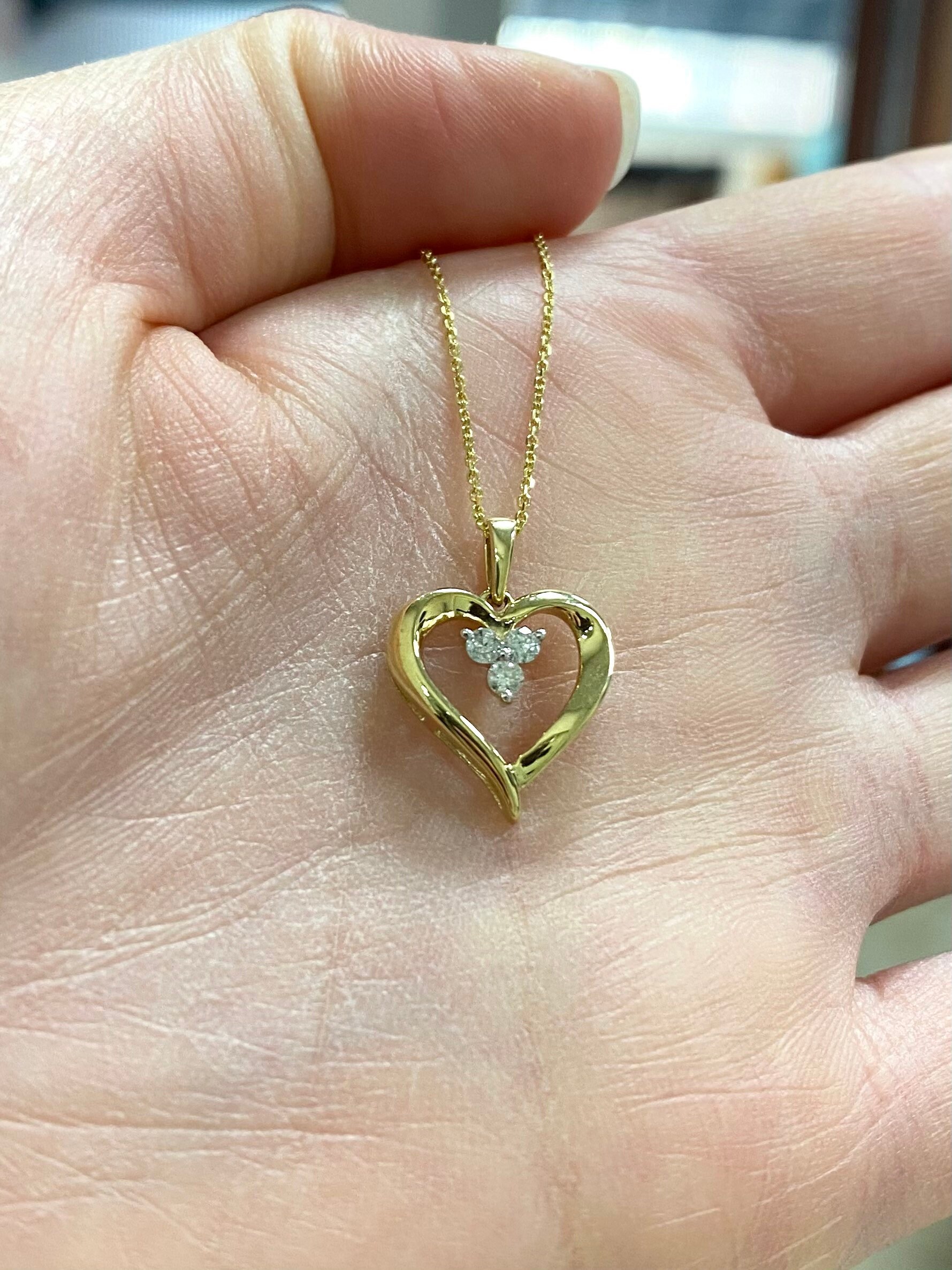 14k Simple Diamond Heart Pendant. Open Heart Shape Necklace