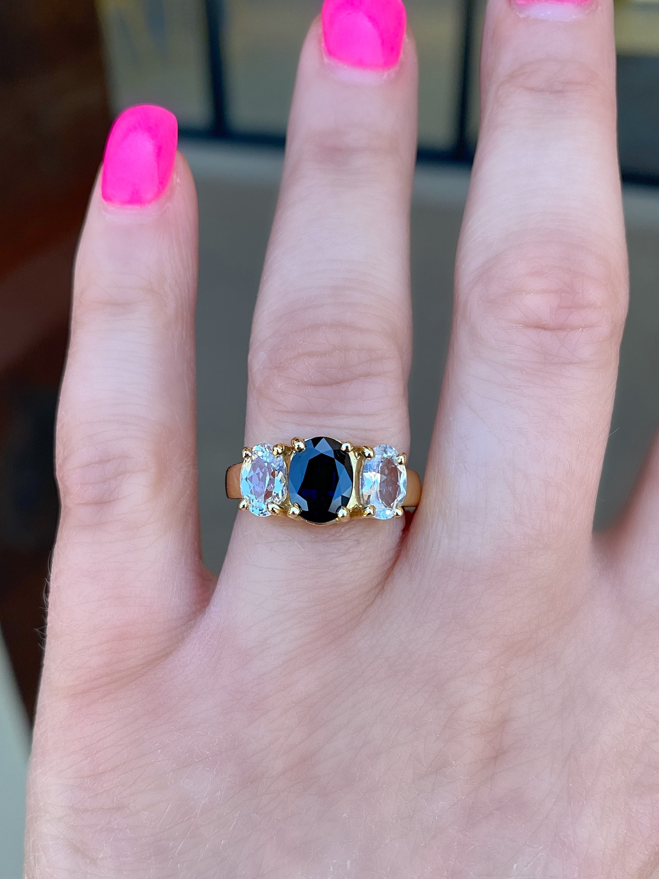14k Oval Shape Sapphire and Diamond 3 Stone Ring – Ferkos
