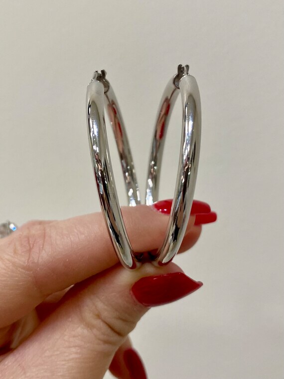 14k White Gold Hoop Earrings. 2 Inch Long White Gold Hoop Earrings