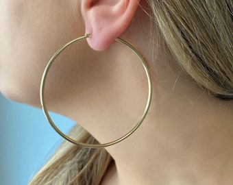 14k gold hoop earrings. 2.5 inch genuine gold hoop earrings. 2.5mm hoops. Jewelry gift.