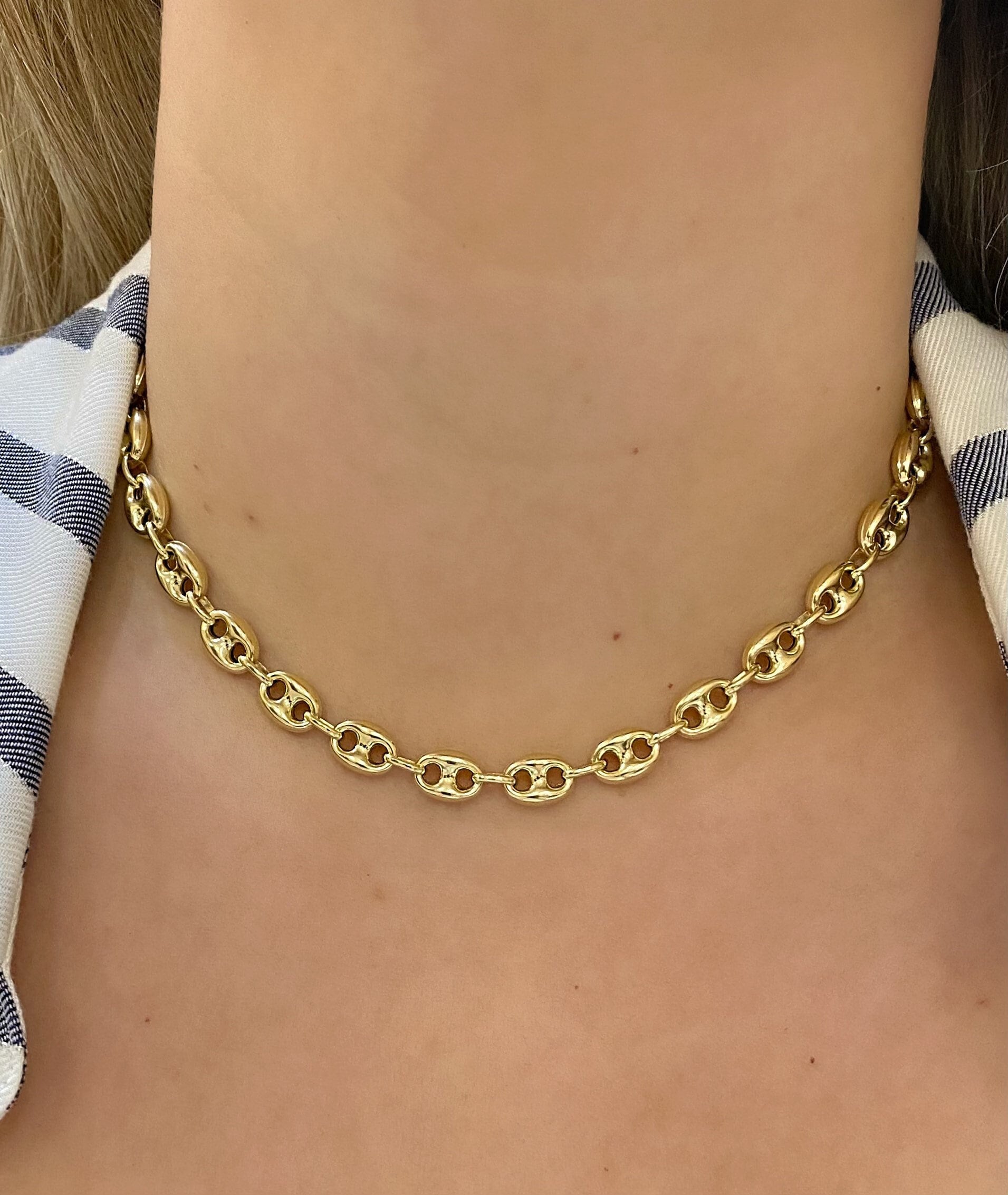 14k Puffed Mariner Link Chain. 7.5mm Anchor Mariner Choker Chain