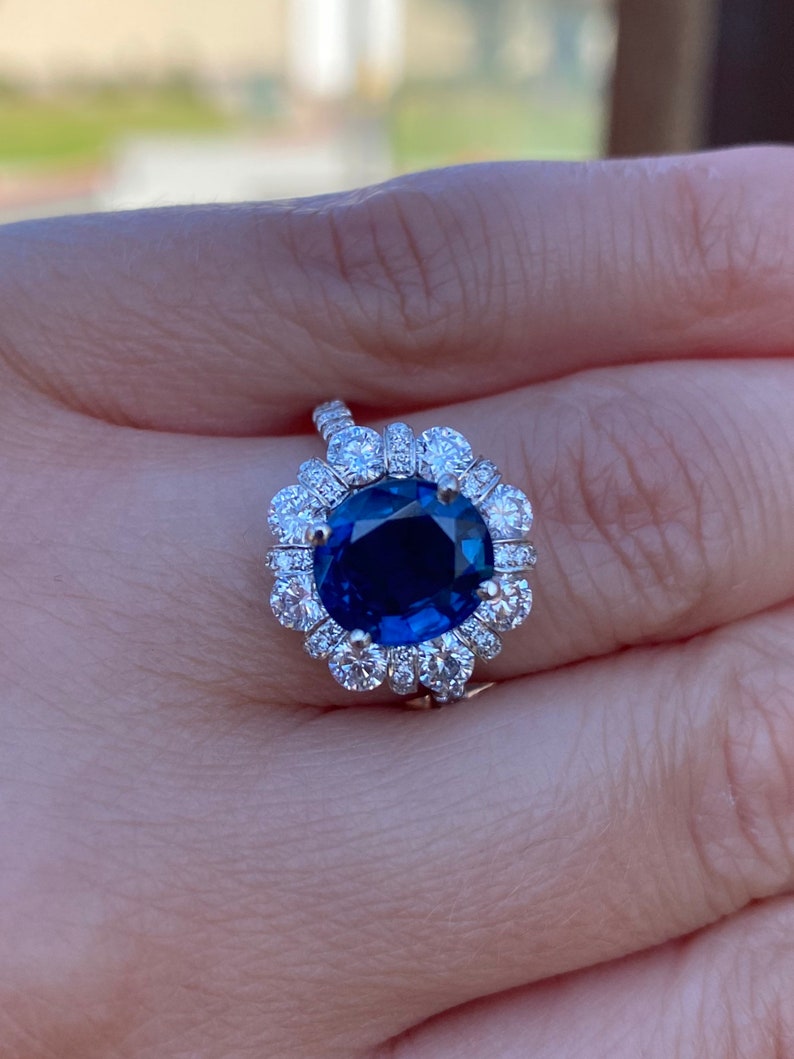 Genuine blue sapphire halo diamond ring. Sapphire engagement ring. Statement ring. Anniversary gift. image 10
