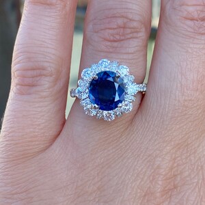 Genuine blue sapphire halo diamond ring. Sapphire engagement ring. Statement ring. Anniversary gift. image 4