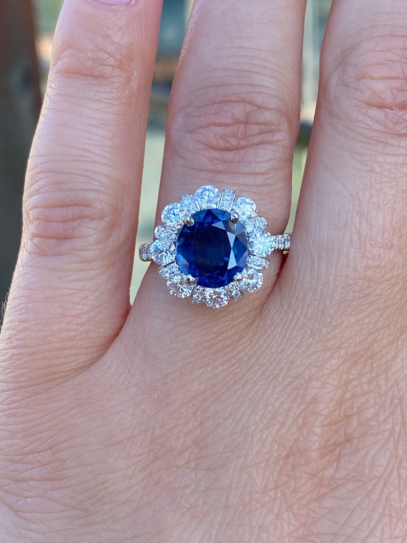 Genuine blue sapphire halo diamond ring. Sapphire engagement ring. Statement ring. Anniversary gift. image 4