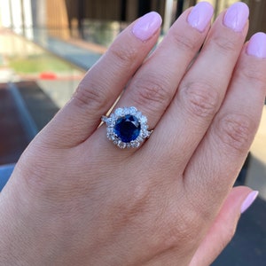 Genuine blue sapphire halo diamond ring. Sapphire engagement ring. Statement ring. Anniversary gift. image 2