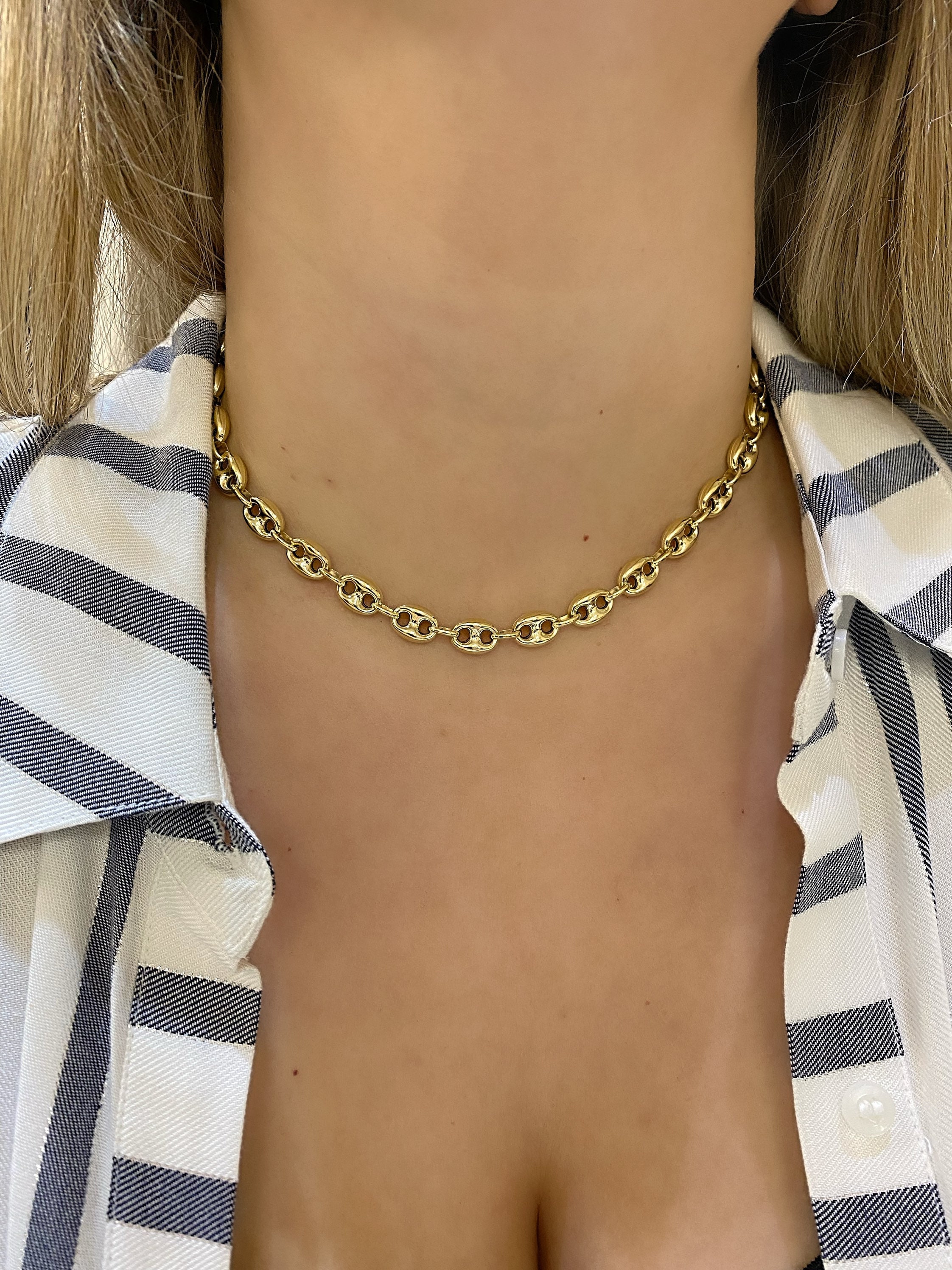 14k Puffed Mariner Link Chain. 7.5mm Anchor Mariner Choker Chain