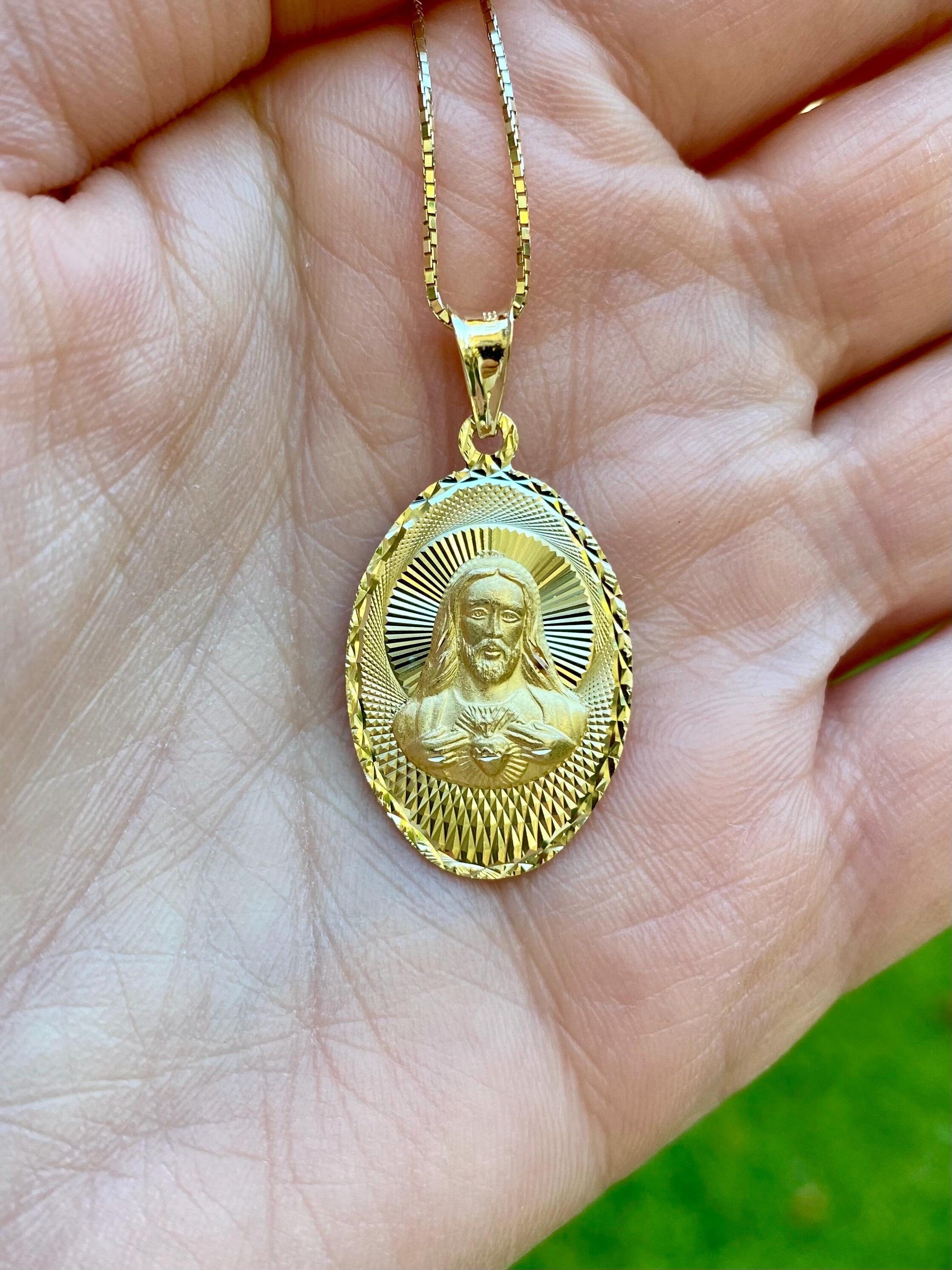 14k Oval Gold Reversible Religious Jesus and Virgin