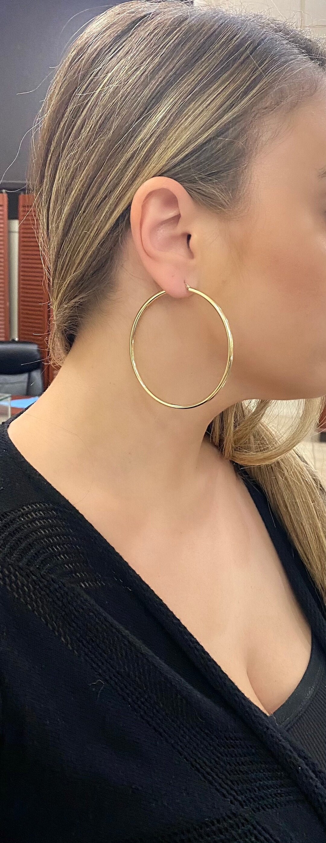 14k 3 Inch Hoop Earrings. 3mm Real Gold Hoops. Timeless Large Gold ...