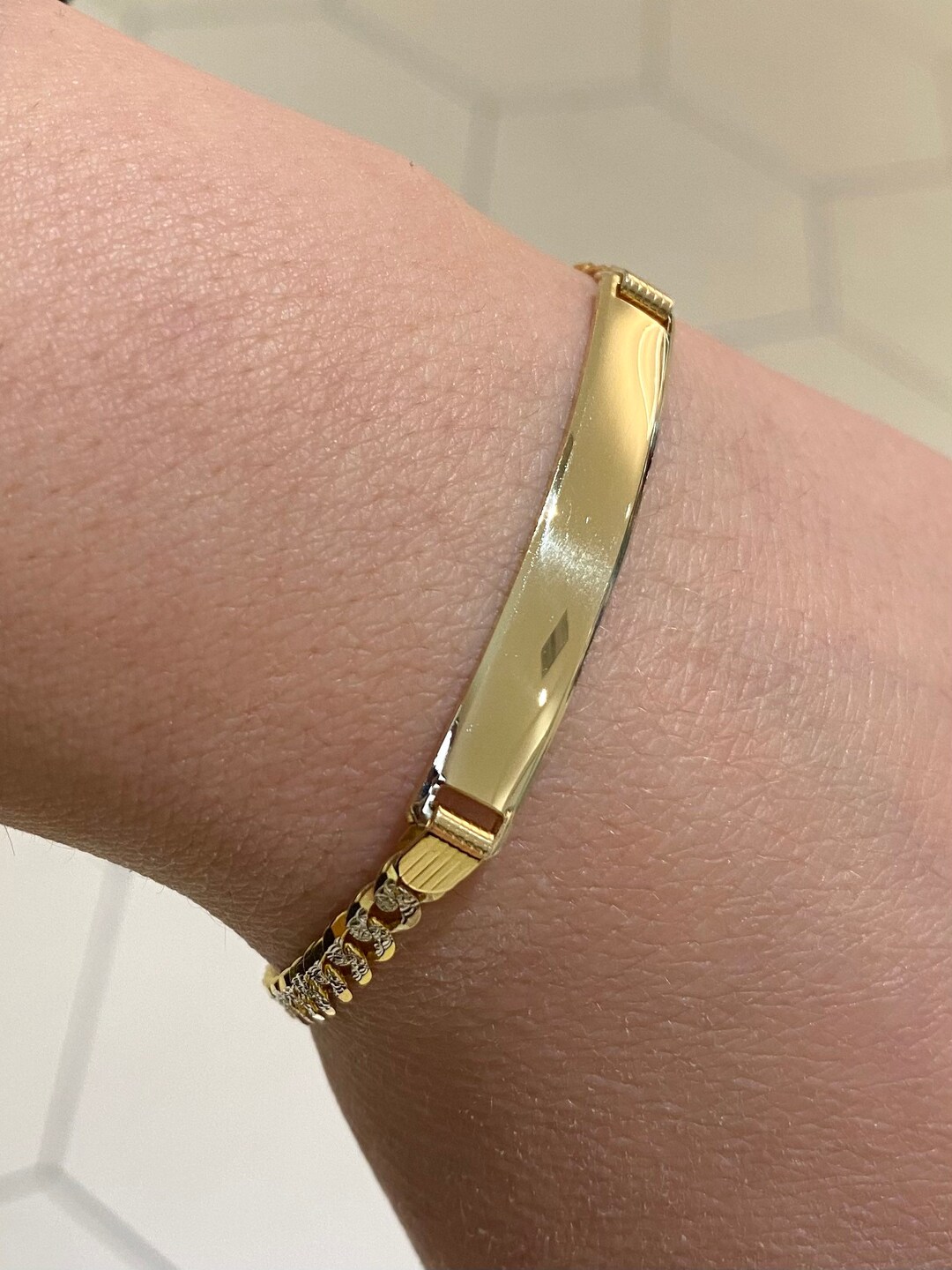 14k Two Tone Curb Link ID Bracelet. Diamond Cut Curb Link