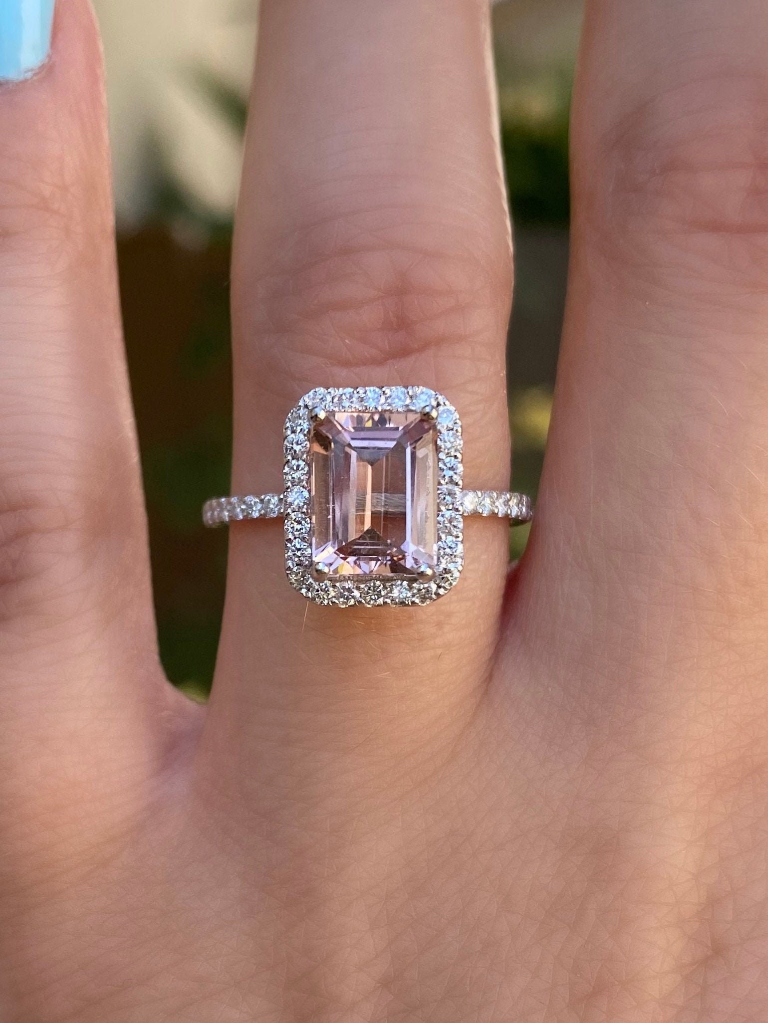 Emerald Cut Morganite Diamond Halo Engagement Ring. 14K White Gold Morganite Ring. Natural Pink 1.85 Carat Emerald Cut morganite