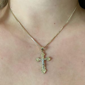 14k Two Tone Crucifix Cross Pendant. Yellow and White Gold Crucifix Cross Necklace. Religious Pendant. Jewelry Gift.
