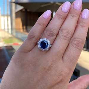 Genuine blue sapphire halo diamond ring. Sapphire engagement ring. Statement ring. Anniversary gift. image 9