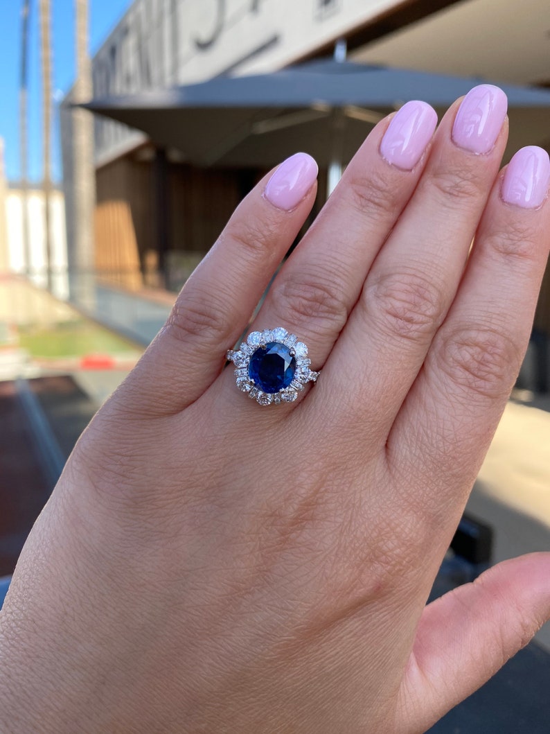Genuine blue sapphire halo diamond ring. Sapphire engagement ring. Statement ring. Anniversary gift. image 9