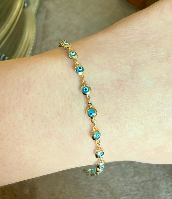 14k Gold Evil Eye Bracelet. Protection Bracelet gift. Good luck bracelet.
