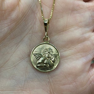 14k Gold Guardian Angel Medallion. Solid 14k Gold Angel Pendant. Protection Pendant. Baptism Gift.