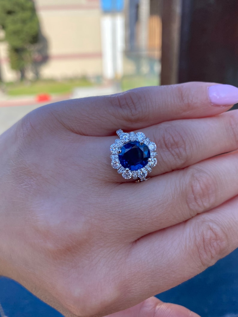 Genuine blue sapphire halo diamond ring. Sapphire engagement ring. Statement ring. Anniversary gift. image 8