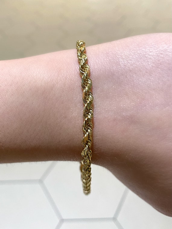14k Solid Gold Rope Bracelet. 4mm Classic Mens Rope Bracelet. Gold