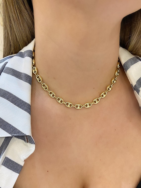 14K Puffed Mariner Link Chain. 7.5mm Anchor Mariner Choker Chain. Trendy Stackable Gold Jewelry. Women's Gold Chains.
