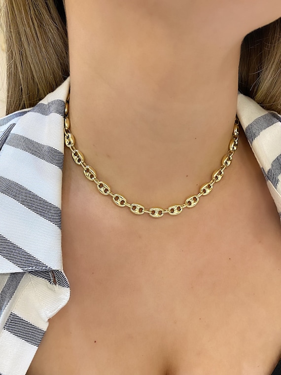 14K Puffed Mariner Link Chain. 7.5mm Anchor Mariner Choker Chain. Trendy Stackable Gold Jewelry. Women's Gold Chains.