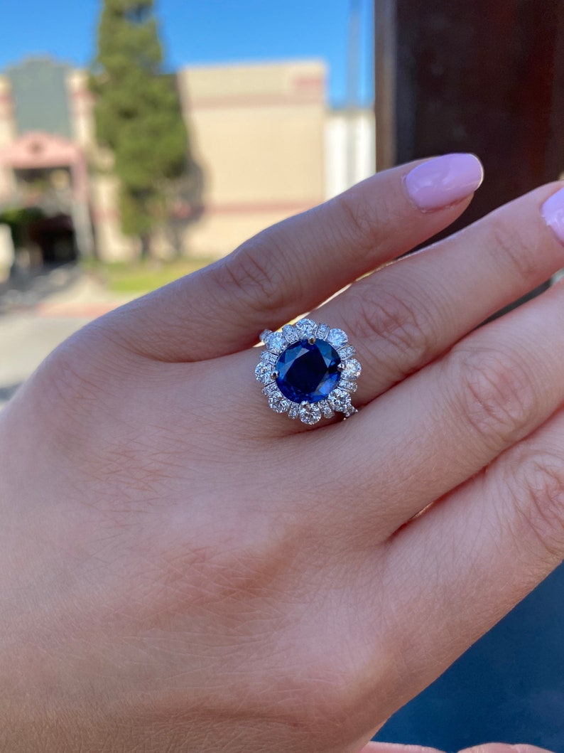 Genuine blue sapphire halo diamond ring. Sapphire engagement ring. Statement ring. Anniversary gift. image 3