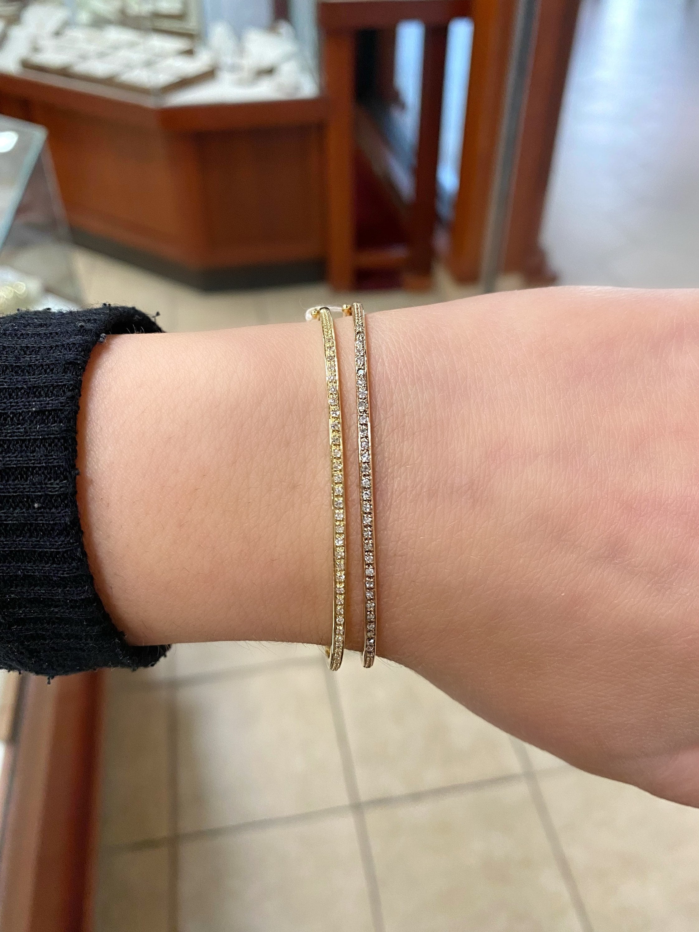 14k Dainty Rose Gold Yellow Gold Diamond Bangle. Trendy 