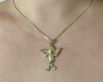 Guardian Angel gold pendant. 14k Real Gold Angel Pendant. Devine Protection Angel necklace. Jewelry gift.