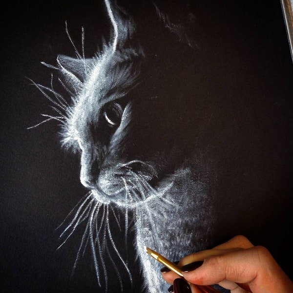 Custom Cat Portrait: Original Oil Painting on Black Canvas