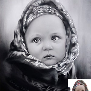 Ritratto di bambini personalizzato tramite foto, dipinto a mano al 100%. Ritratto personalizzato con foto. Schizzo ad olio su carta. Ritratto di bambino in bianco e nero