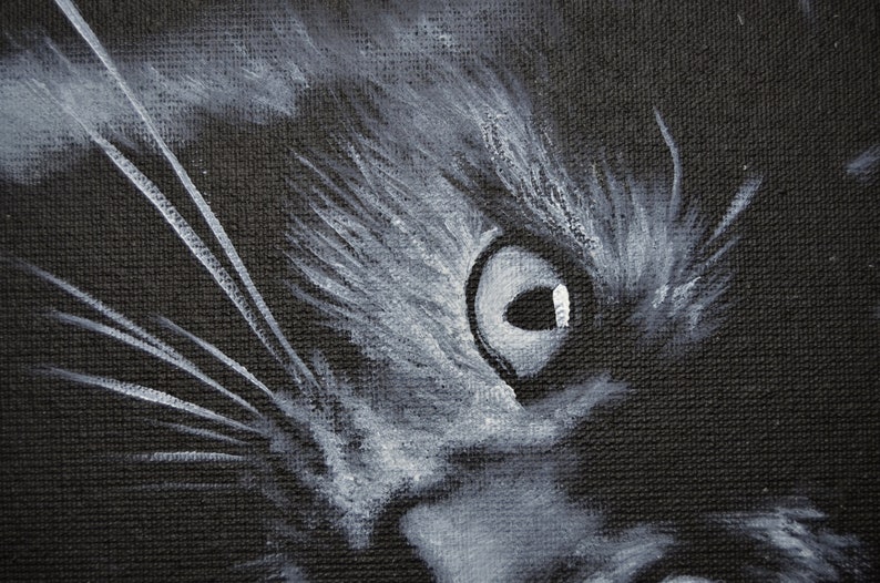Cat Oil Painting on Black Canvas. Black Cat Art. Black Kitty Etsy