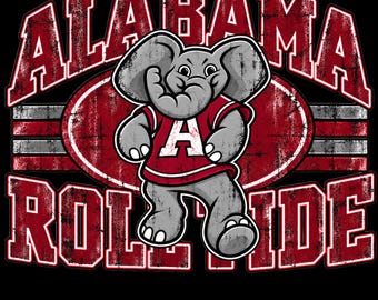 May include: A graphic design featuring a grey cartoon elephant wearing a red jersey with a white letter A. The text ALABAMA is arched above and ROLL TIDE is below in large, distressed red block letters against a dark background.