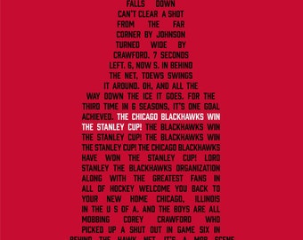 Pode incluir: Um fundo vermelho com texto preto celebrando a vitória da Copa Stanley dos Blackhawks de Chicago em 2015. O texto descreve o gol da vitória e a vitória da equipe.