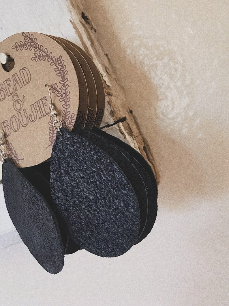 Genuine Leather Black Teardrop Lightweight Drop Earrings Recycled Genuine Leather Statement Dangle Earrings