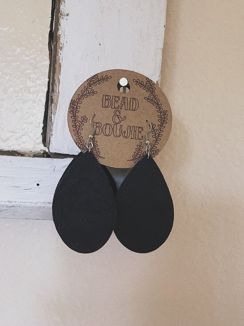 Genuine Leather Black Teardrop Lightweight Drop Earrings Recycled Genuine Leather Statement Dangle Earrings