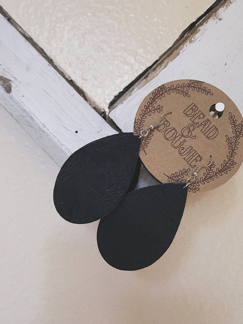 Genuine Leather Black Teardrop Lightweight Drop Earrings Recycled Genuine Leather Statement Dangle Earrings